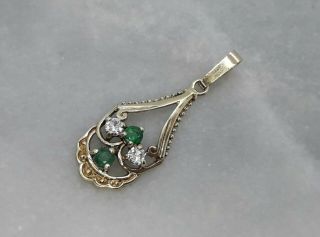 Vintage 1984 Solid 9ct Yellow Gold Pendant Emerald White Stones 0.  85g Not Scrap