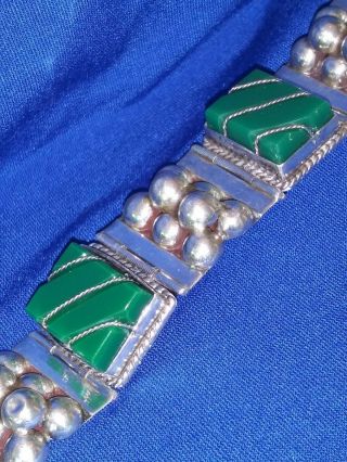 Vintage Mexico Sterling Silver Carved Green Stone Hinged Panel Bracelet 7 "