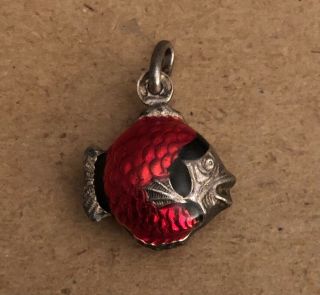 Vintage Round Fish Red Enamel & Sterling Silver Charm
