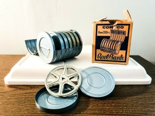 Vintage Compco 8mm Metal Reel Storage Bank 6 Reel Canisters Box