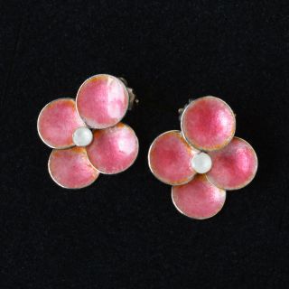 Vintage Bernard Instone Silver Arts & Crafts Pink Enamel Flower Clip On Earrings
