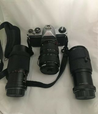 Pentax Asahi K1000 35mm Slr Camera W / 3 Zoom Lenses,  Cosmicar,  Albinar,  Makinon