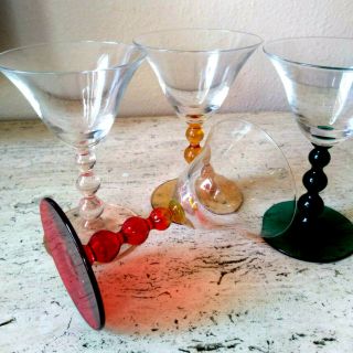 Vintage Multi Colored Wine Glasses Set Of 4 Art Deco Red / Green / Pink / Amber