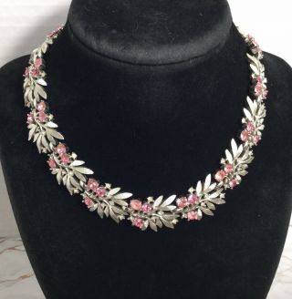 Vintage Trifari Silver Tone Leaf Design W/pink Rhinestones Choker Necklace