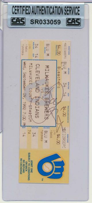 1992 Robin Yount Signed Game Ticket Sept.  9th 1992 " 3000th Hit Game " Cas Wc683
