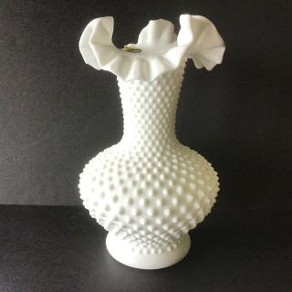 Vintage Fenton Hobnail White Milk Glass Vase Ruffle Hallmarked & Labelled
