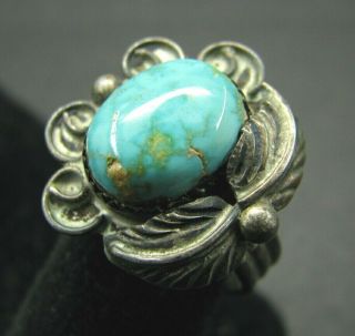 Sterling Silver Vintage Old Pawn Navajo Ring Blue Turquoise Feather Setting Sz 6