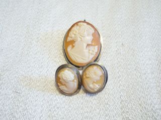 Vtg 925 Sterling Silver Bordered Carved Shell Cameo Brooch W/ Earrings