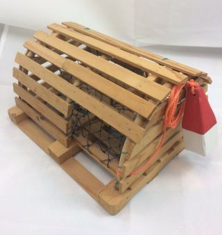 Vintage Miniature Lobster Trap Hand Made Wood W Ballast Stones Decoration