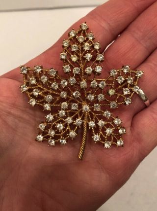 Signed Crown Trifari Vintage Gold Tone Flower Leaf Brooch Pin With Rhinestones
