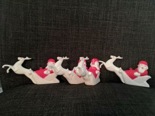 4 Vintage Hard Plastic Santa Claus In Sleigh With Reindeer Christmas Ornaments