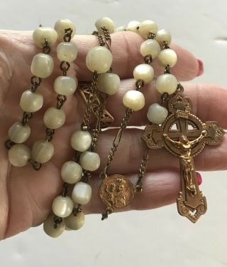 Vtg Rosary Mother Of Pearl Mop Crucifix Medal Notre Dame Du Mt Carmel 23 " L 46 G