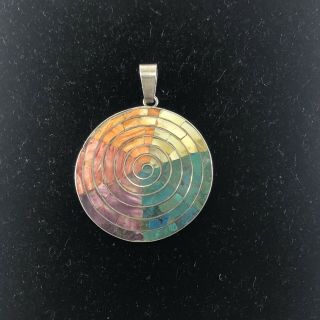 Large Vintage Taxco Sterling Silver Swirl Pendant Round Multi - Stone Inlay 925