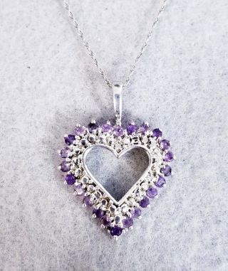 Vtg 925 Sterling Silver Purple Amethyst & Diamond Chip Heart Pendant Necklace