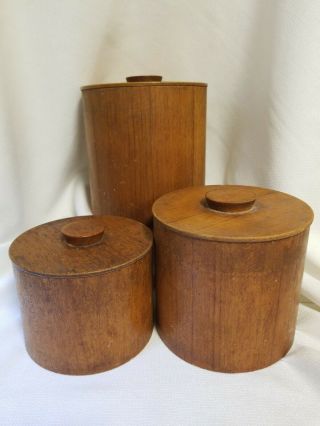 Vtg Set Of 3 Mid Century Omc Japan Wood Canisters,  Nesting Containers