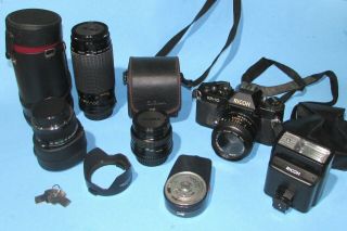 Ricoh Kr - 10 35mm Film Camera W/ Lenses Flash Exposure Meter Auto Tele Converter