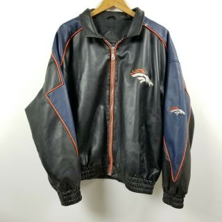 Nfl Game Day Denver Broncos Mens Faux Leather Jacket Large L Black Blue Vintage