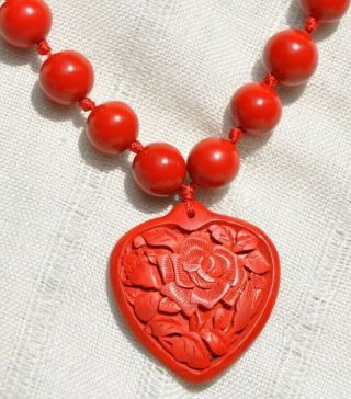 Vintage Chinese Carved Heart Red Cinnabar Pendant Necklace,  25 Inch,  12 Mm Beads