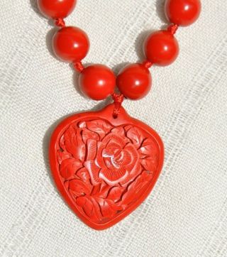 VINTAGE CHINESE CARVED HEART RED CINNABAR PENDANT NECKLACE,  25 INCH,  12 MM BEADS 2