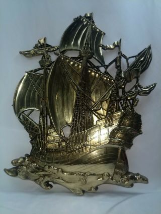 Vintage Homco Dart Galleon Sailing Ship Gold Tone Plaque Large 28 " Tall 3663