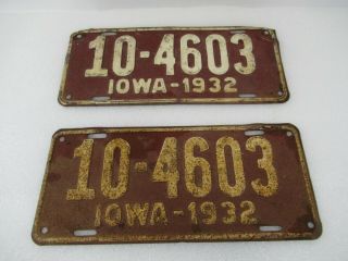 Iowa License Plate 1932 Matching Pair Number Tag 10 - 4603 Red Vintage
