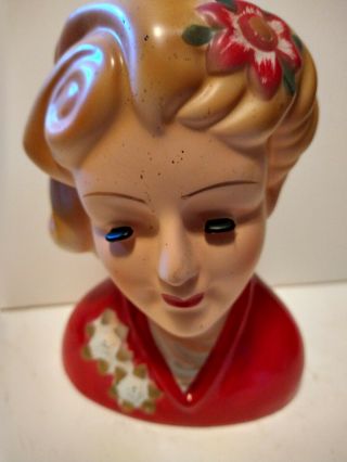 Vtg Christmas Lady Head Vase Planter Hand Painted Poinsettia.  6.  3 Tall.  4.  92 " Wide