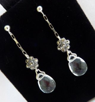 Vintage Art Deco Sterling Silver Marcasite Rock Crystal Drop Earrings