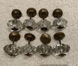 8 Vintage Antique Glass Drawer/cabinet Knobs/pulls W/brass Accent And Hardware