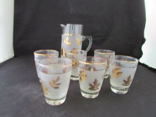 Vintage Set 6 Mid Century Barware Starlyte Gold Leaf Pattern Glasses,  Pitcher