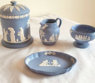Vintage Wedgwood Pottery Jasper Ware Classical Scenes 4 Sugar &milk Jug Dish Pot