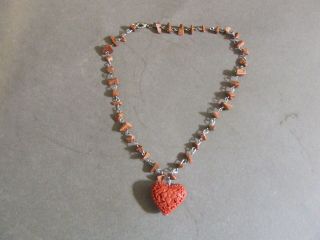 Vintage Gold Stone Link Necklace W/ Carved Chinese Red Heart Cinnabar Pendant