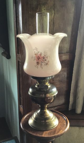 Vintage Brass Duplex Burner Oil Lamp In Full Order With Shade.