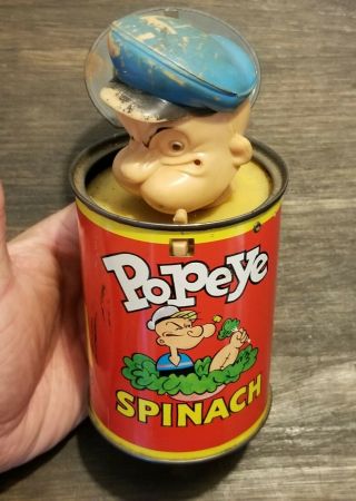 Vintage 1957 Popeye The Sailor Spinach Tin Can Pop Up Mattel Toy