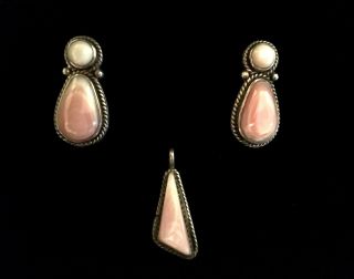 Vintage Native American Sterling Silver Pierced Earring & Pendant Set Pink Shell