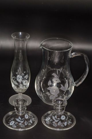 Set Of 4 Vintage Avon Hummingbird Crystal Vase,  Pitcher,  & 2 Candle Stands