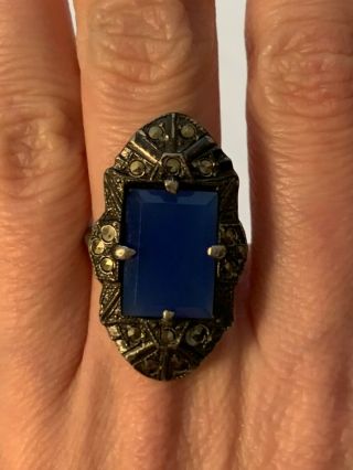 Vintage Art Deco Sterling Silver Blue Chalcedony Stone 925 Marcasite Ring Sz 6