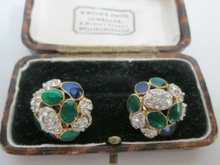 Vintage Signed Attwood&sawyer Enamel Rhinestone Gold Plated Clip On Earrings