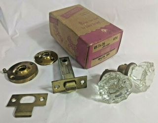 Nos Vintage Tegco 12 Point Brass Clear Glass Door Knob Set