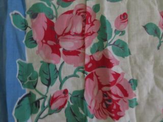 1940s Pretty Pink Roses On White W/denim Bl Vintage Barkcloth Era Cotton Drapes