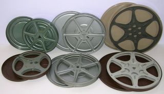 6 Vintage 8mm Metal Film Tin Cases Take - Up Reel Goldberg Bros Kenco Bell Howell