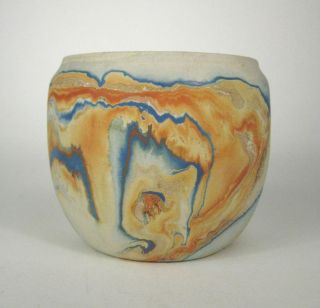 Nemadji Art Pottery Bowl Indian Head 4 1/2 In Tall Made Usa Marble Swirl Vtg