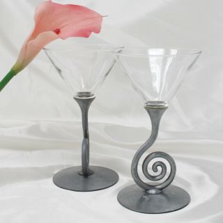 Ulla Darni Set Of 2 Vtg Modernist Pewter Spiral Stem Martini Glasses 1994
