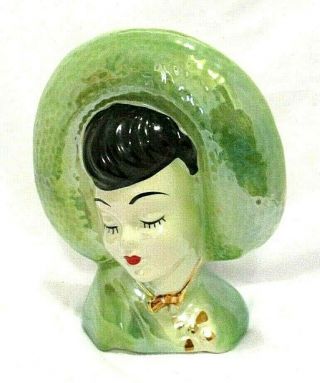 Vintage Porcelain Lady Head Vase Wall Pocket Green Hat & Dress Gold Gilt Trim 2