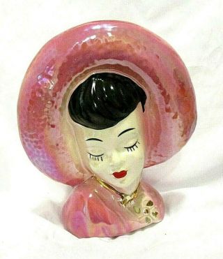 Vintage Porcelain Lady Head Vase Wall Pocket Pink Hat & Dress Gold Gilt Trim