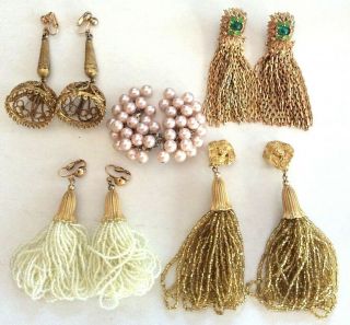 5 Pairs Of Long Clip On Earrings Gold Tone Pink Pearl Beads Green Stone Vintage