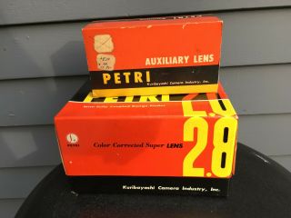 Vintage Petri Rangefinder Camera Auxillary Lenses Wide Angle Telephoto,  Box Nib