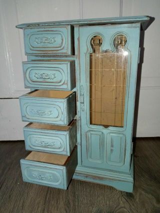 Vintage Wood Jewelry Box Chest Blue Shabby Rustic Boho Farmhouse Distressed