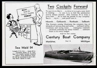 1937 Century Boat Sea Maid 54 Runabout Wood Boat Photo Vintage Print Ad