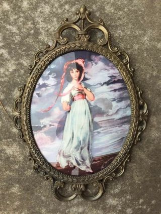 Vtg Lg Oval Bubble Convex Glass Ornate Metal Frame Made In Italy Victorian Lady