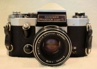 Hanimex Praktica Tl W/ Meyer Optik Gorlitz 1.  8/50mm Lens,  Case & Flash